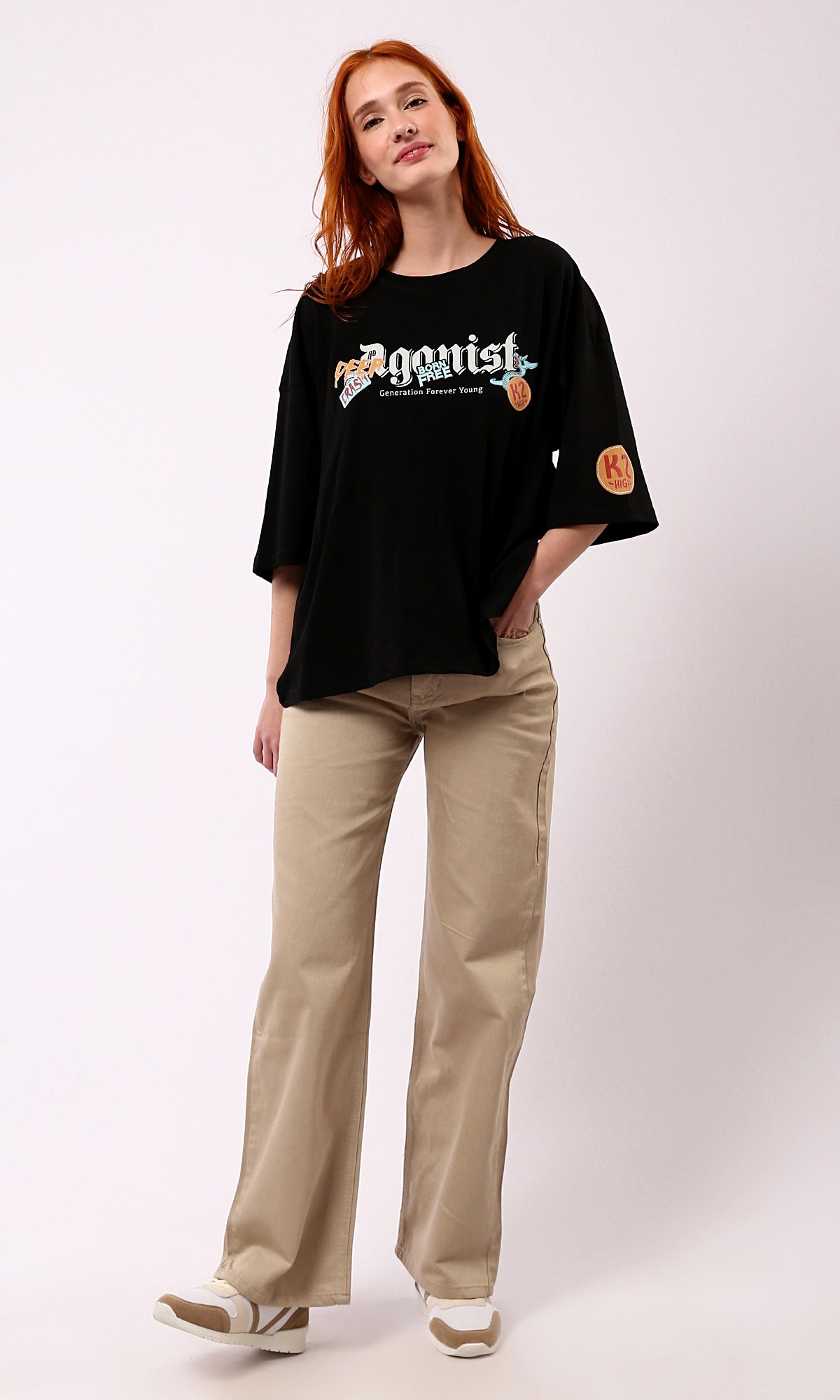 O179806 Black Elbow Sleeves Relaxed Tee