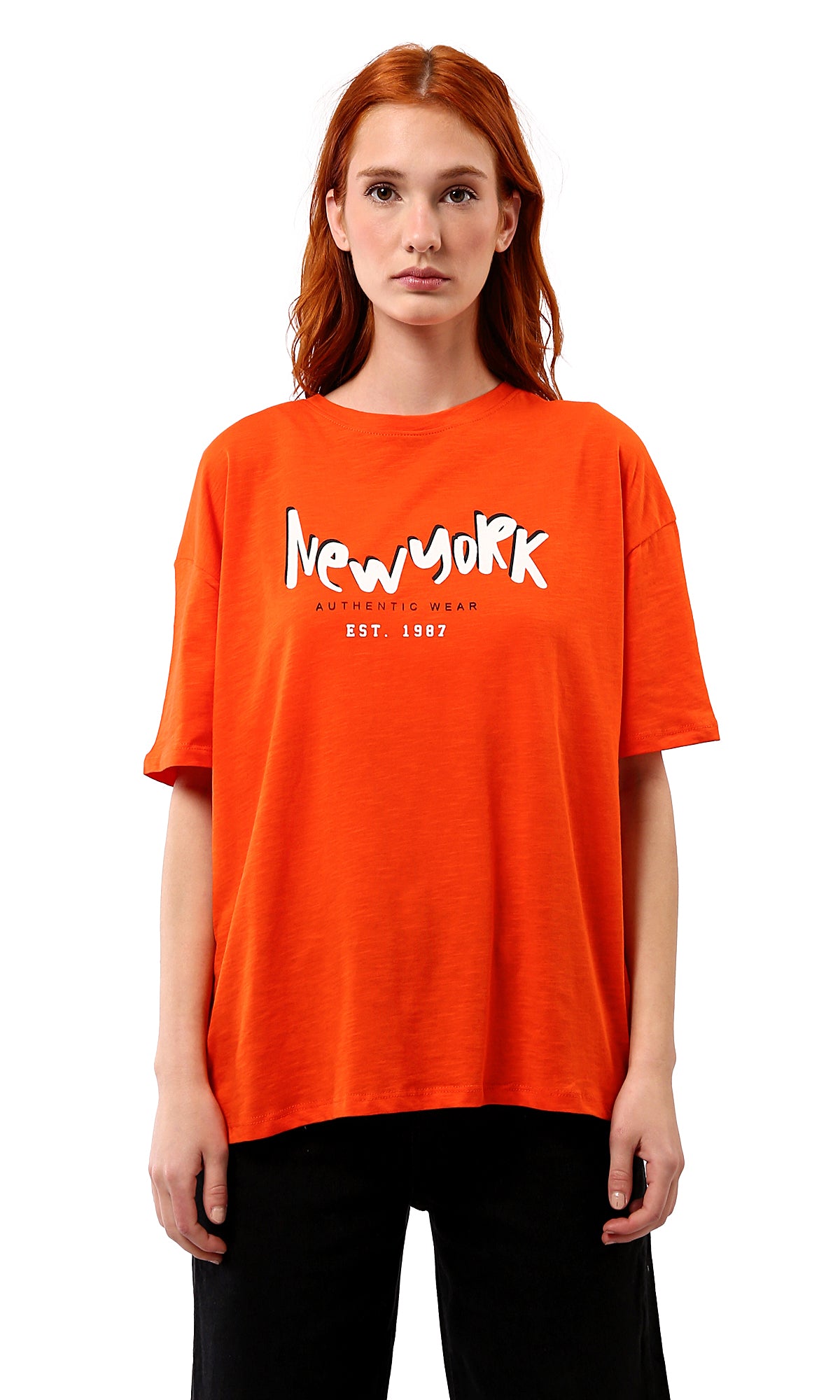 O180440 Hot Orange New York Slip On Tee Print