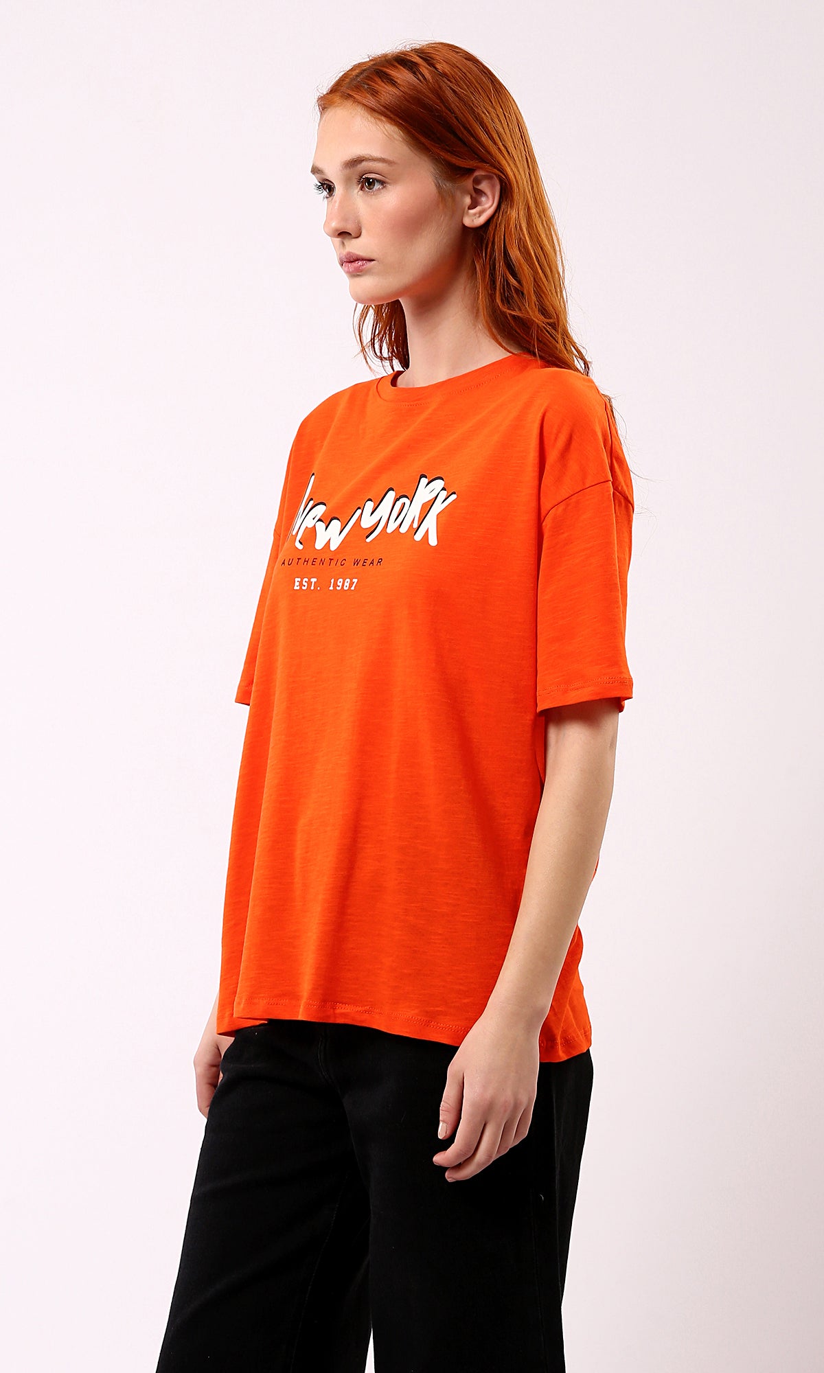 O180440 Hot Orange New York Slip On Tee Print