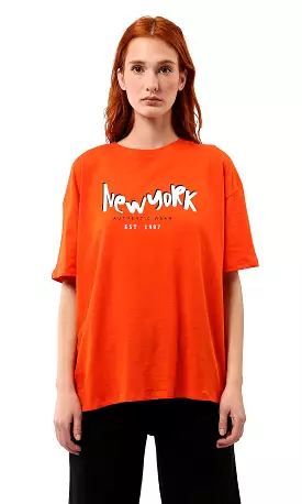 O180440 Hot Orange New York Slip On Tee Print