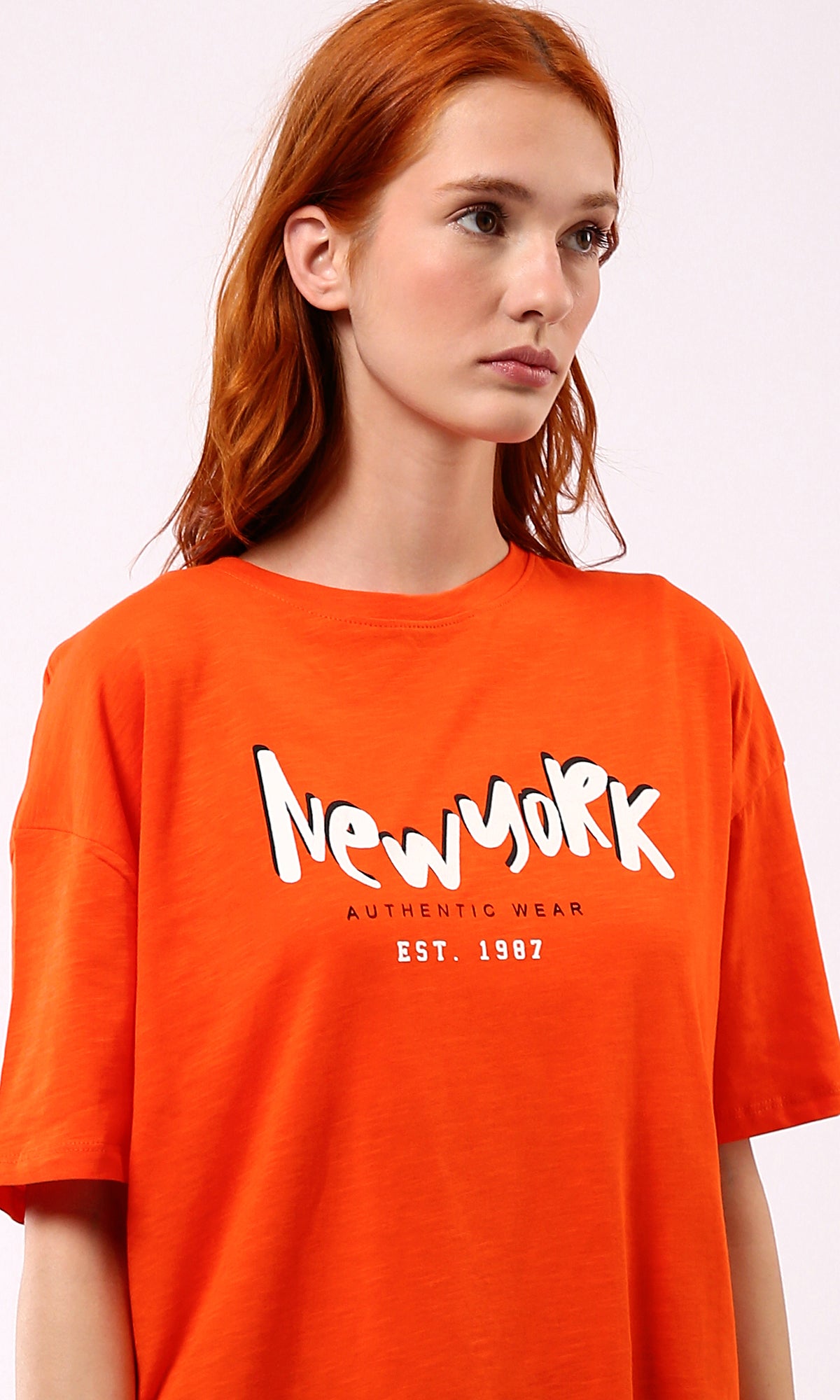 O180440 Hot Orange New York Slip On Tee Print