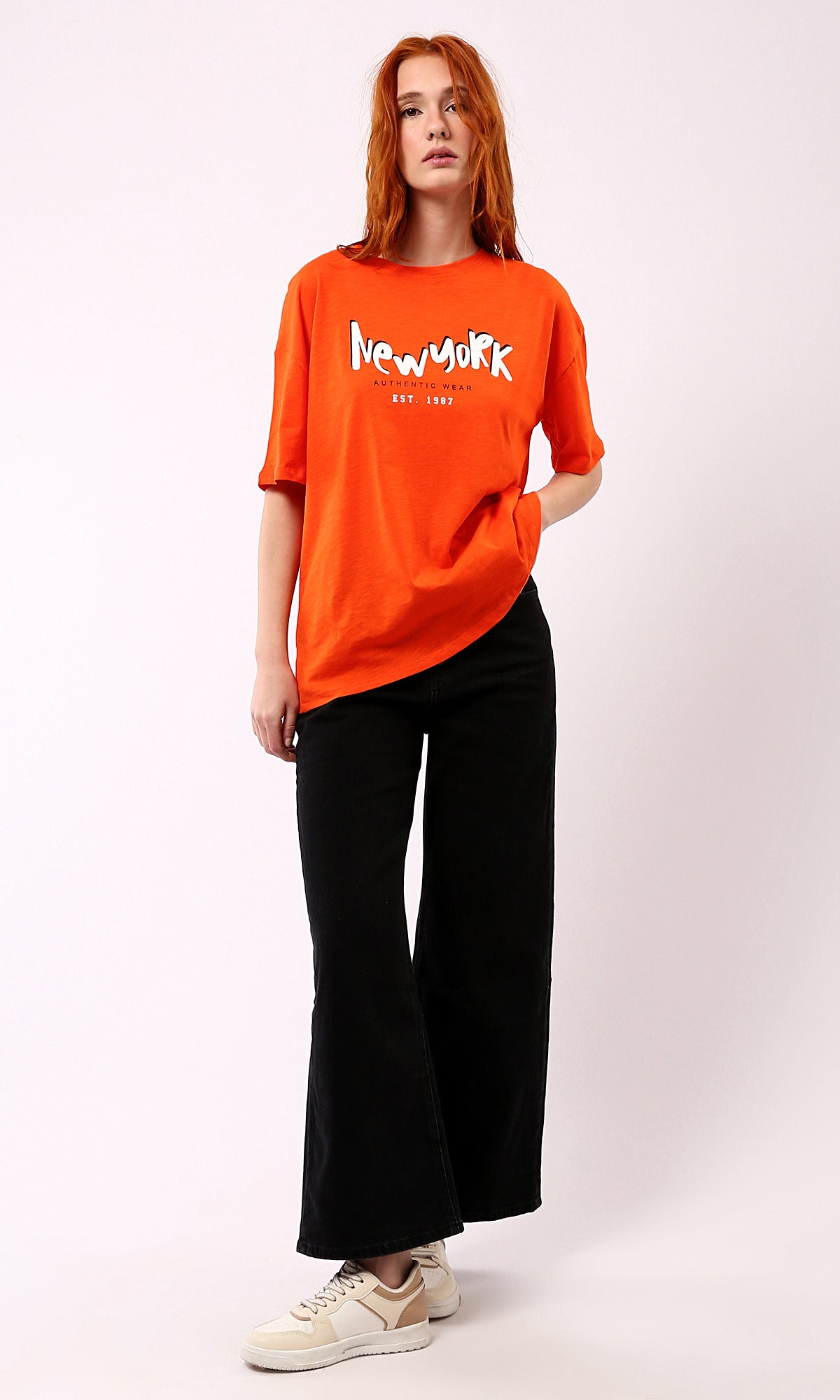 O180440 Hot Orange New York Slip On Tee Print