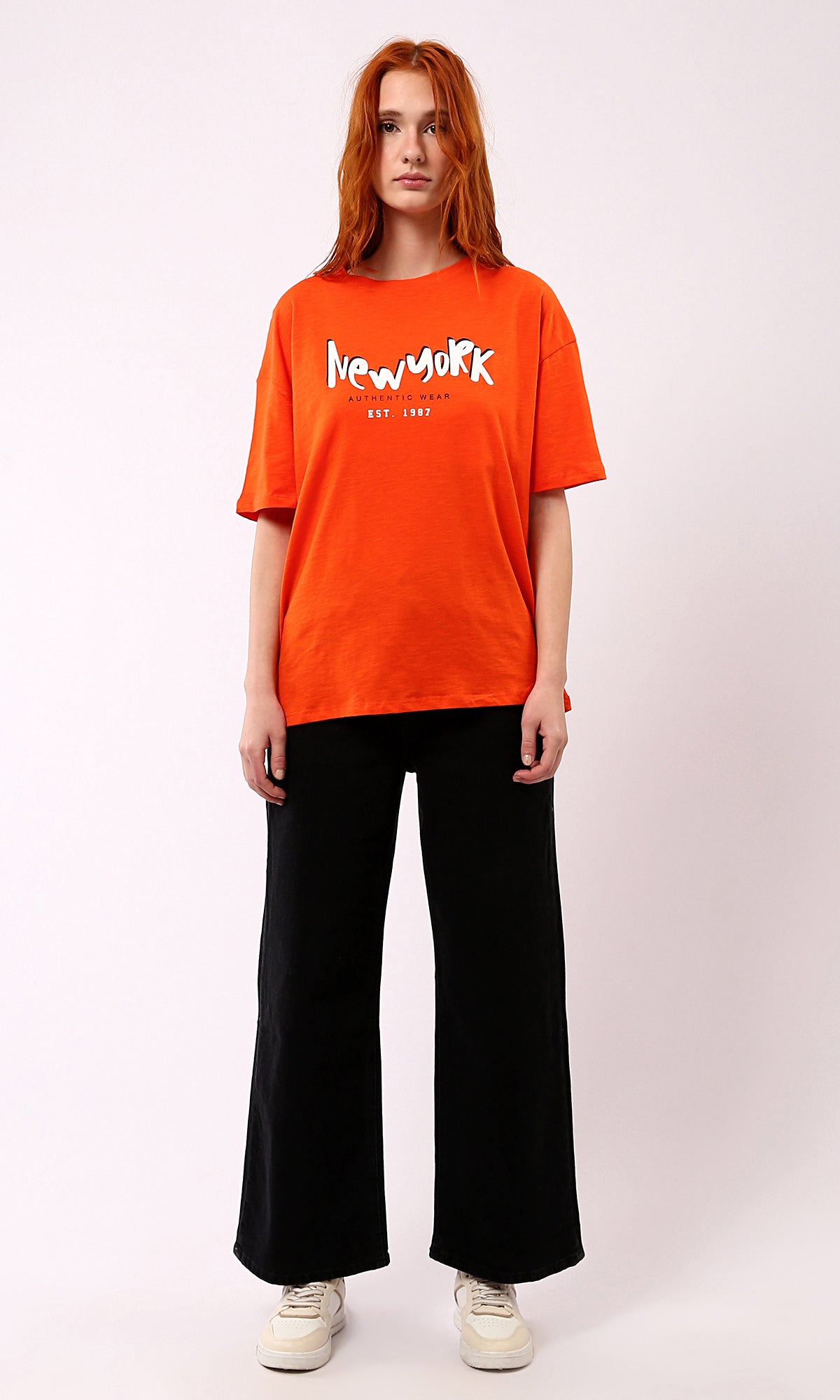 O180440 Hot Orange New York Slip On Tee Print