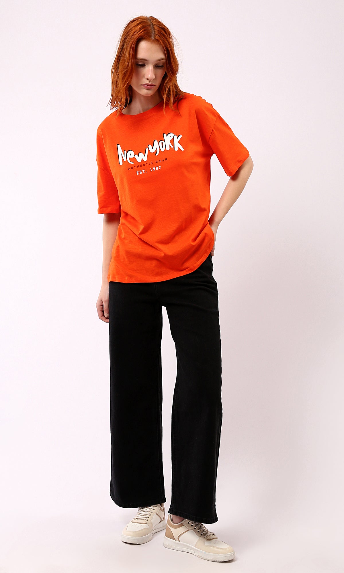 O180440 Hot Orange New York Slip On Tee Print