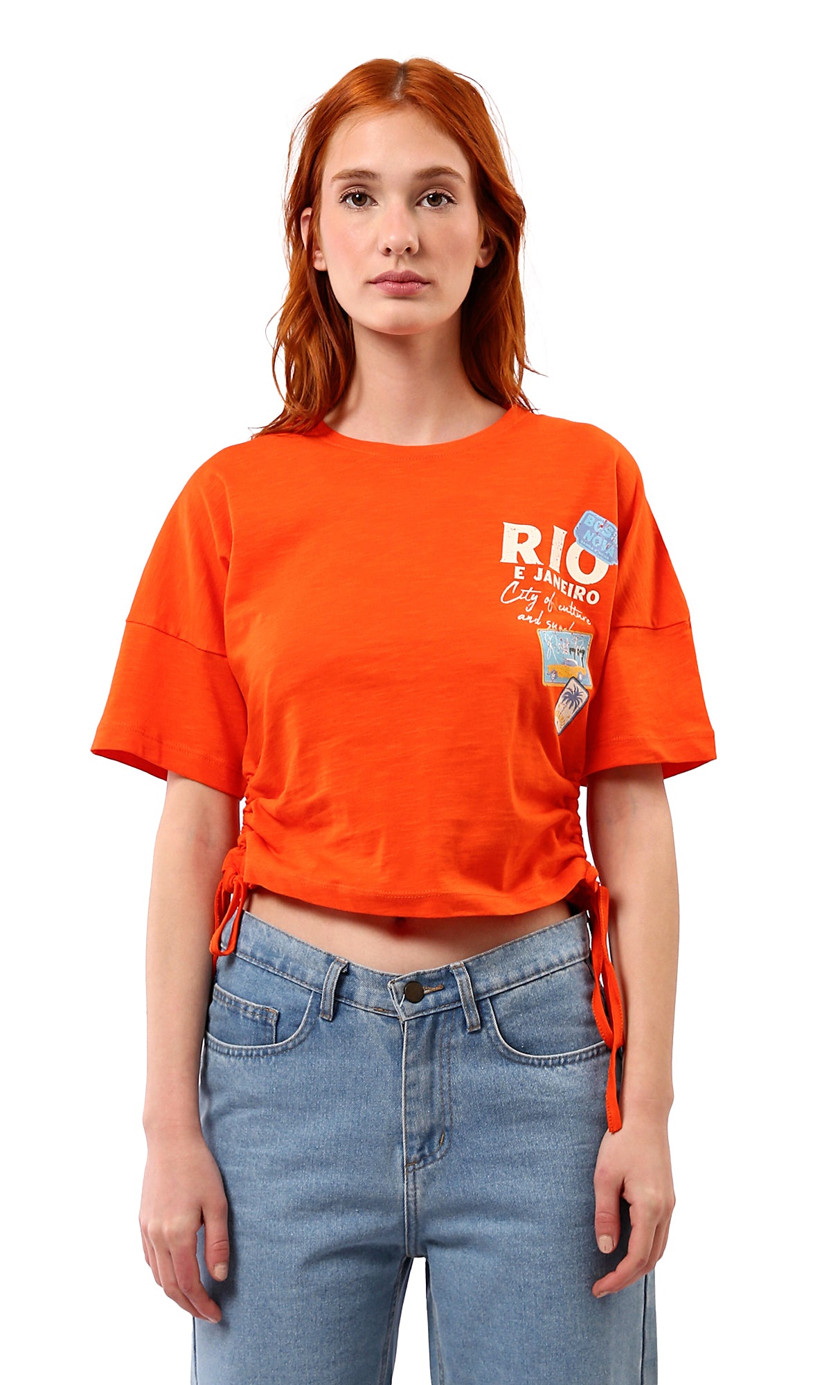 O180444 Printed Short Tee With Side Drawstring - Hot Orange