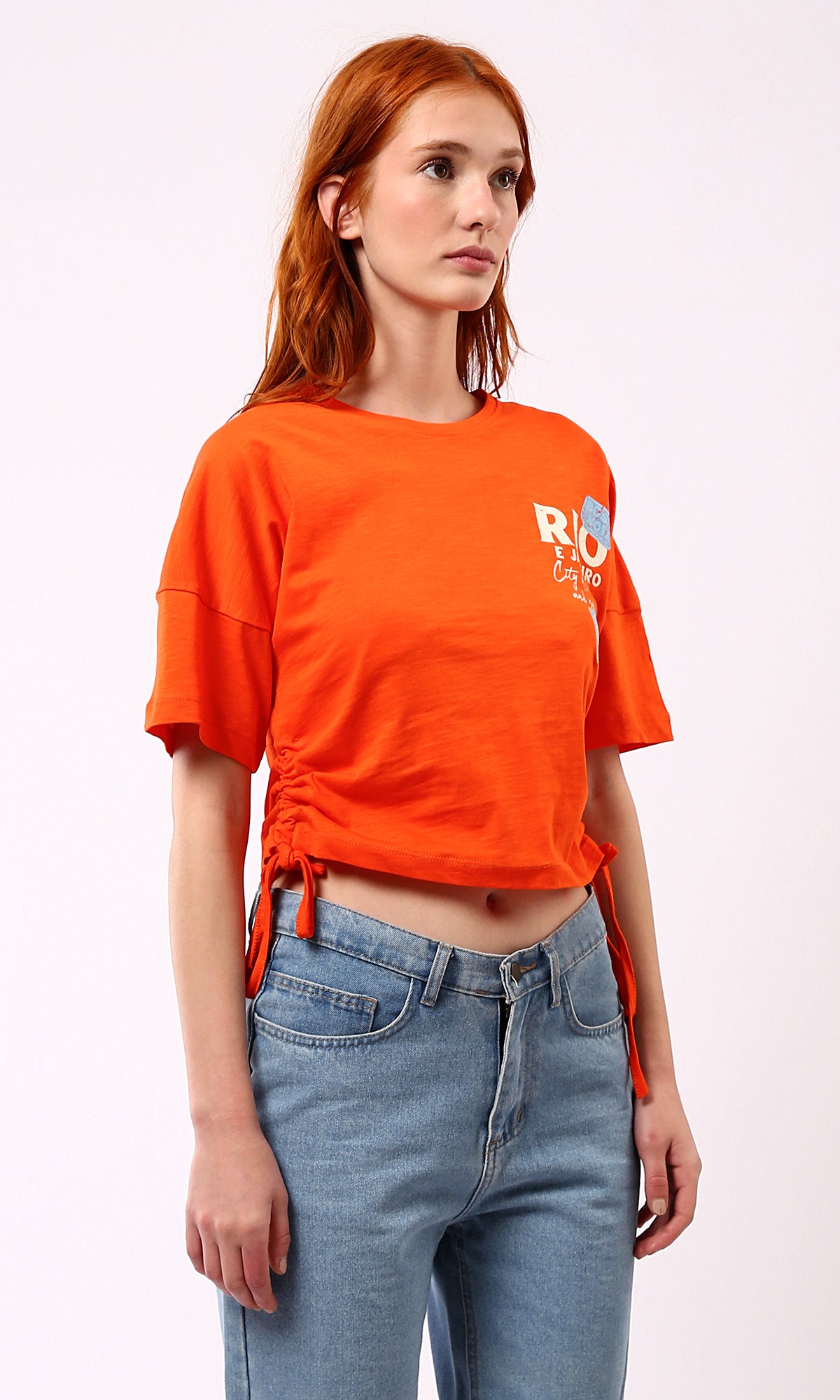 O180444 Printed Short Tee With Side Drawstring - Hot Orange