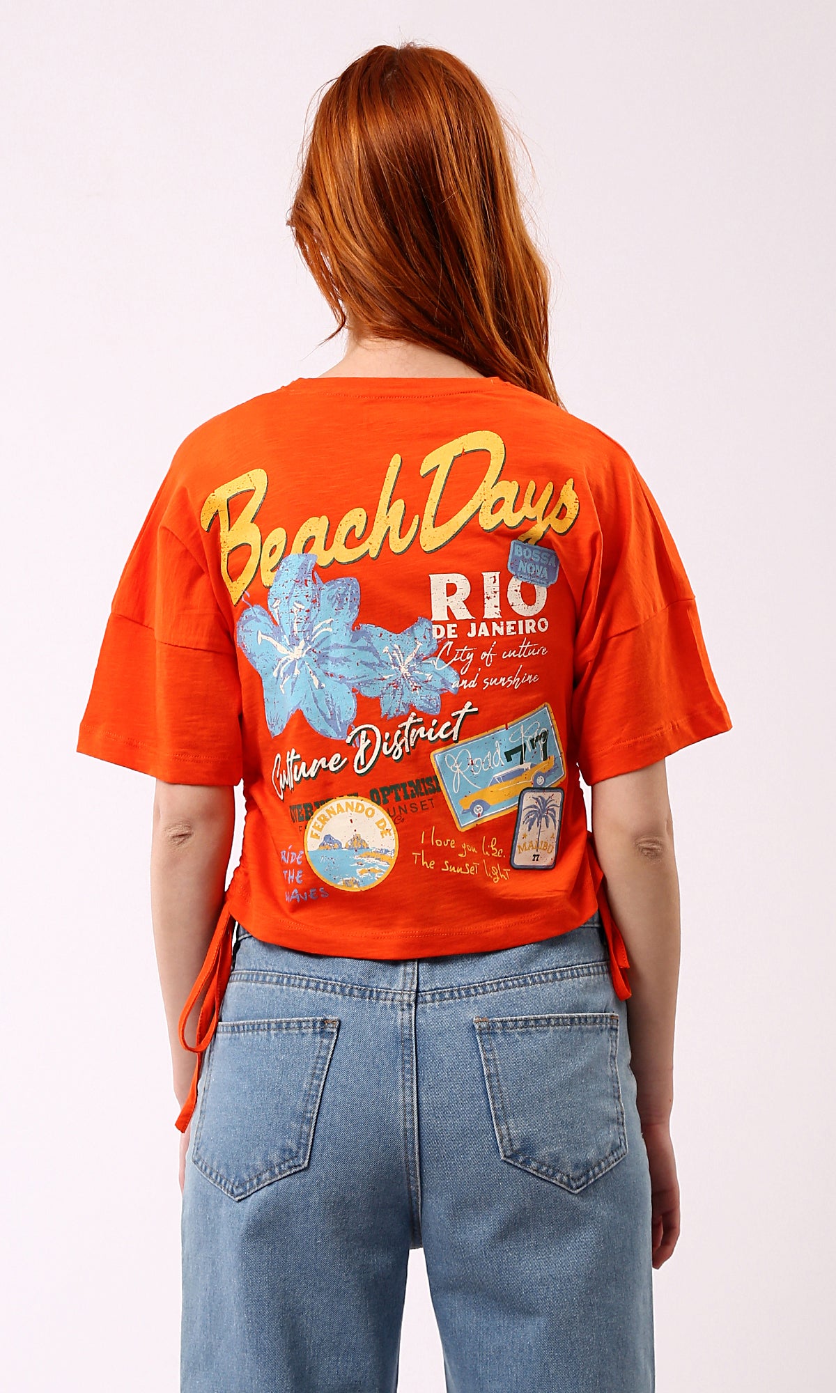 O180444 Printed Short Tee With Side Drawstring - Hot Orange