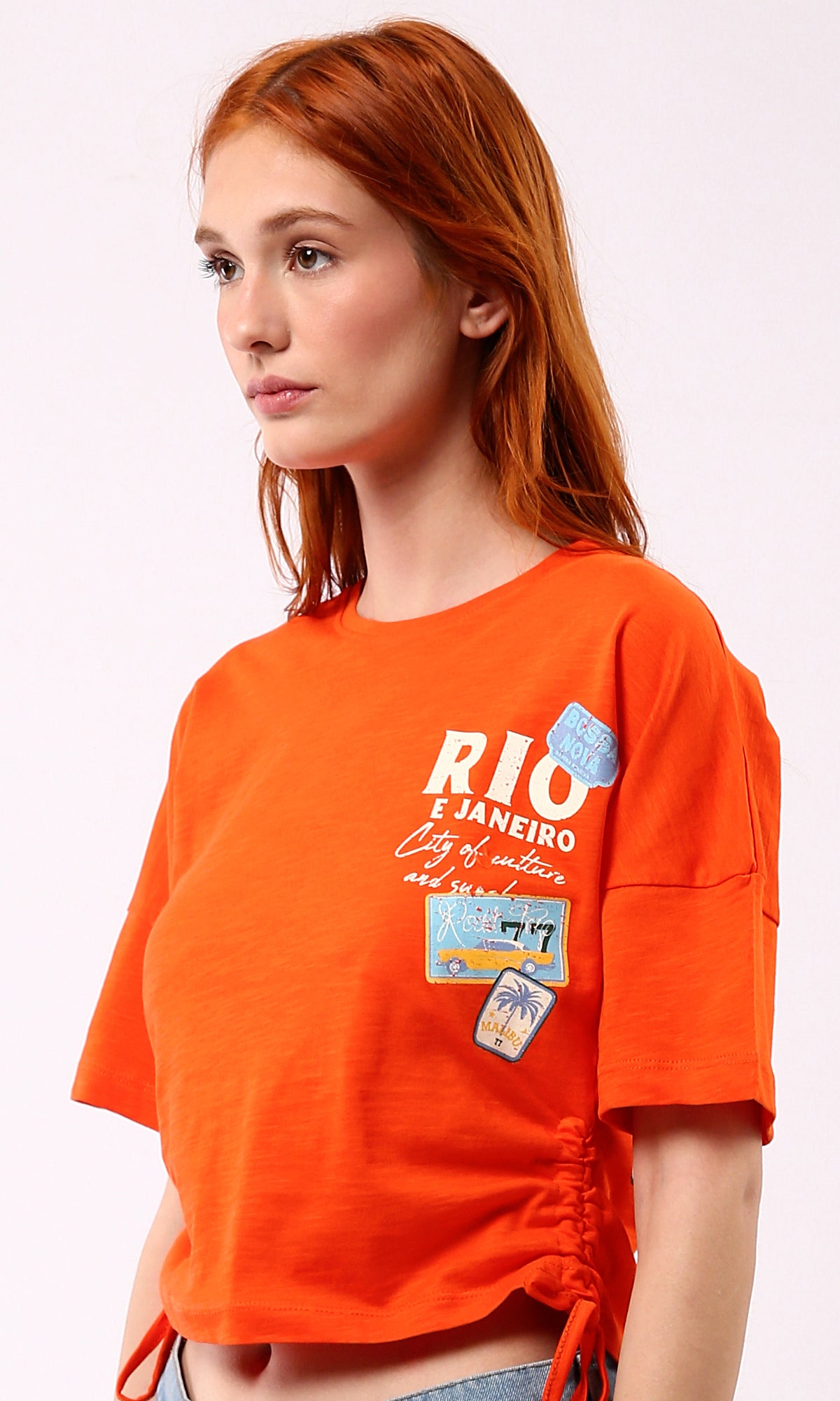 O180444 Printed Short Tee With Side Drawstring - Hot Orange