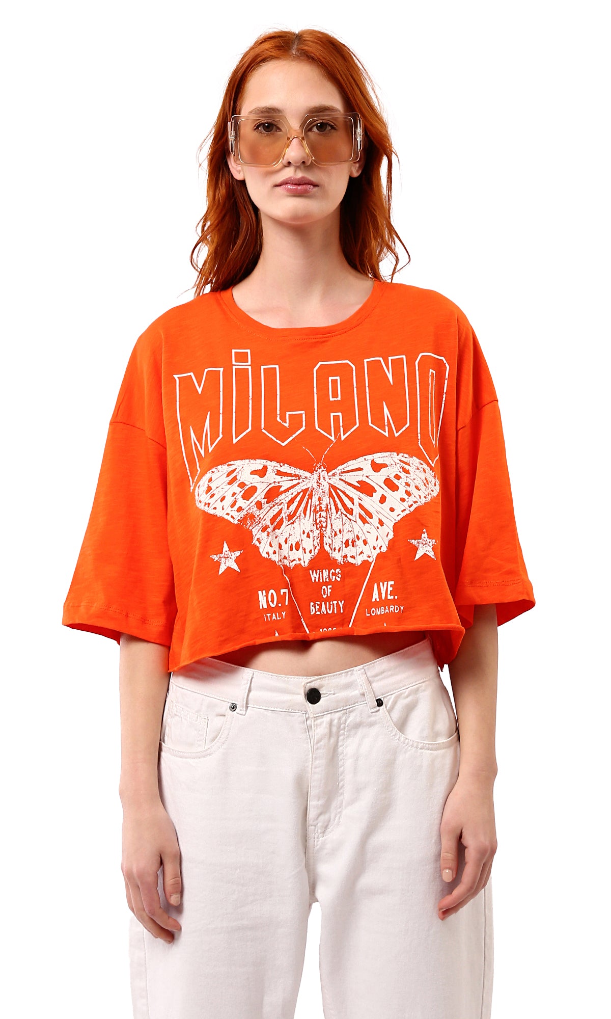 O180449 Hot Orange Butterfly Print Loose Short Sleeve Tee