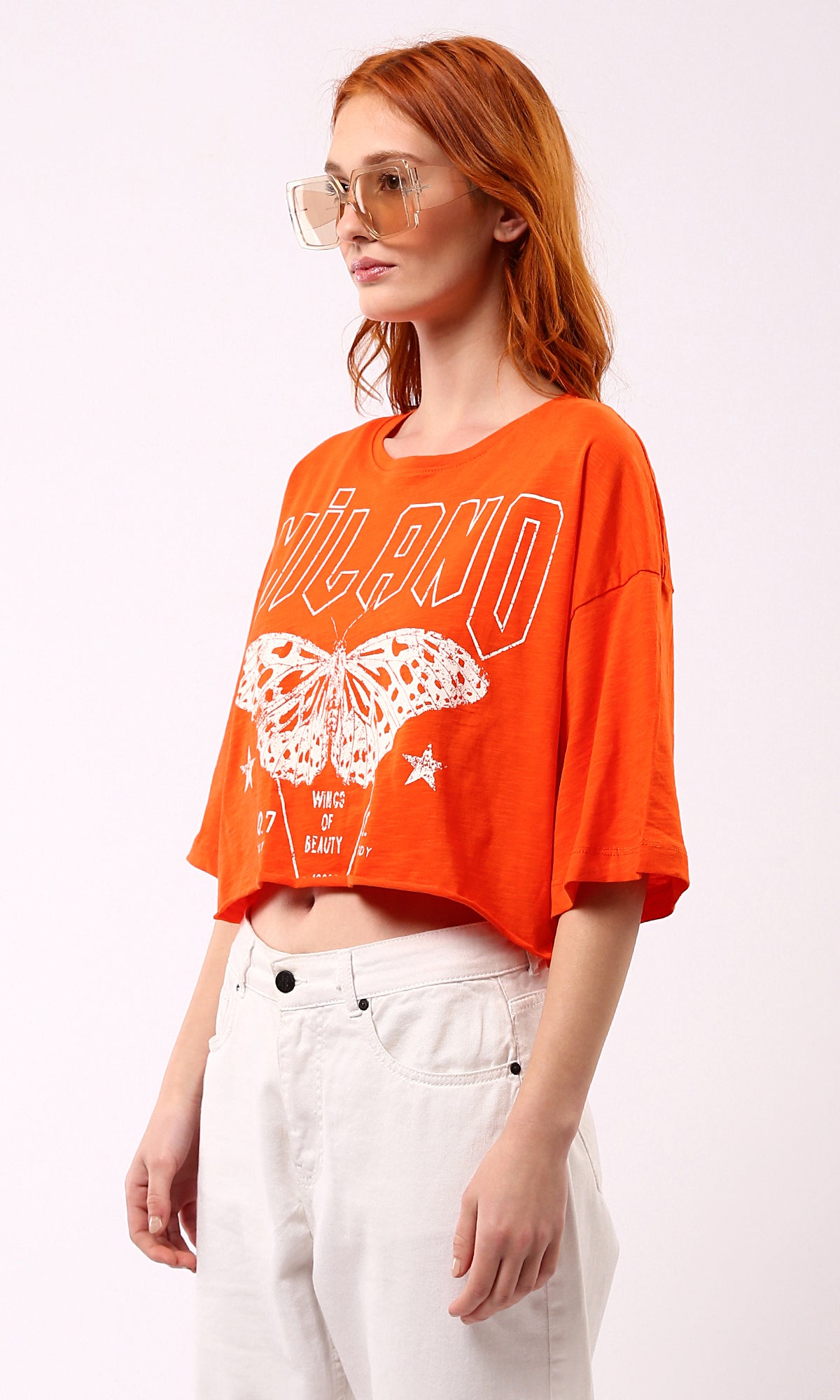 O180449 Hot Orange Butterfly Print Loose Short Sleeve Tee