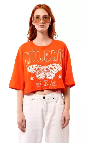 O180449 Hot Orange Butterfly Print Loose Short Sleeve Tee