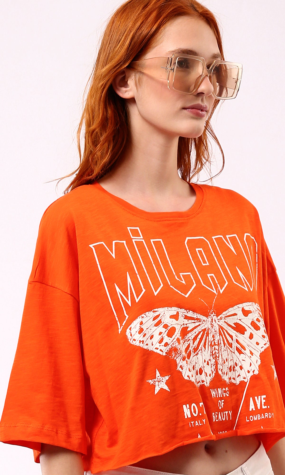 O180449 Hot Orange Butterfly Print Loose Short Sleeve Tee