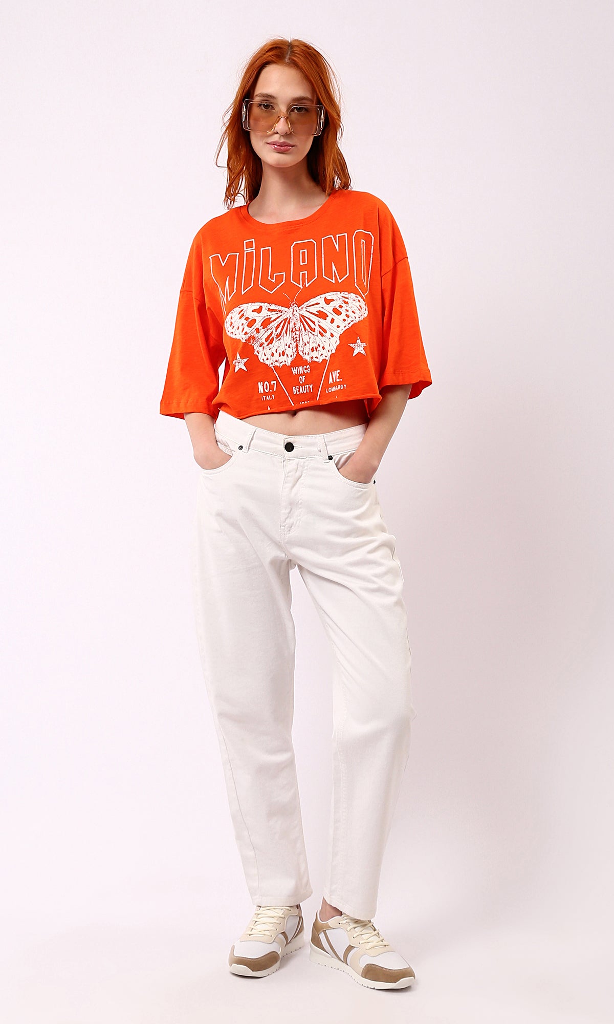 O180449 Hot Orange Butterfly Print Loose Short Sleeve Tee