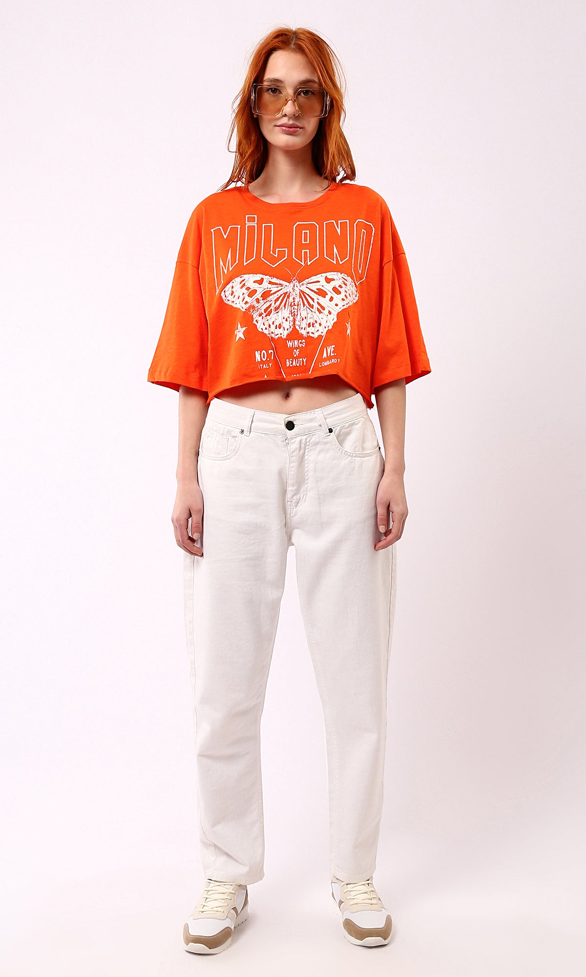 O180449 Hot Orange Butterfly Print Loose Short Sleeve Tee