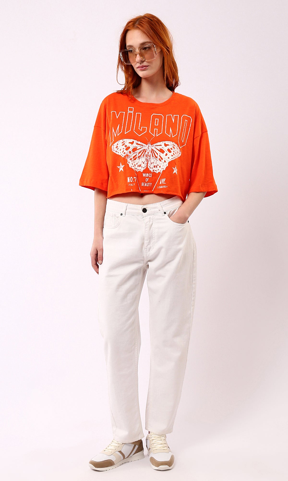 O180449 Hot Orange Butterfly Print Loose Short Sleeve Tee