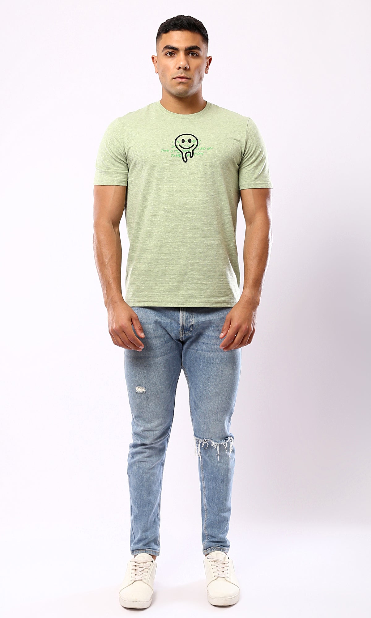 O182126 Heather Mint Slip On Casual Tee With Front Print - Heather Mint Slip On Casual Tee - Front Print.