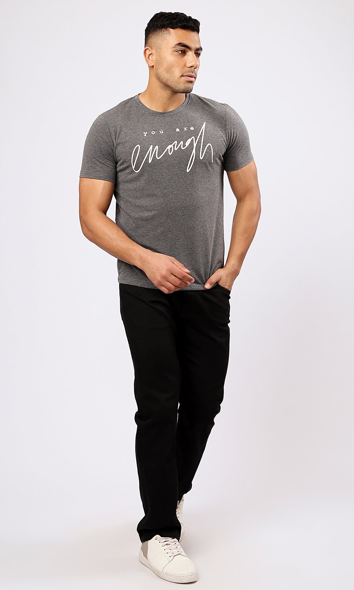 O182208 Heather Dark Grey Tee - You Are Enough - Printed T-Shirt