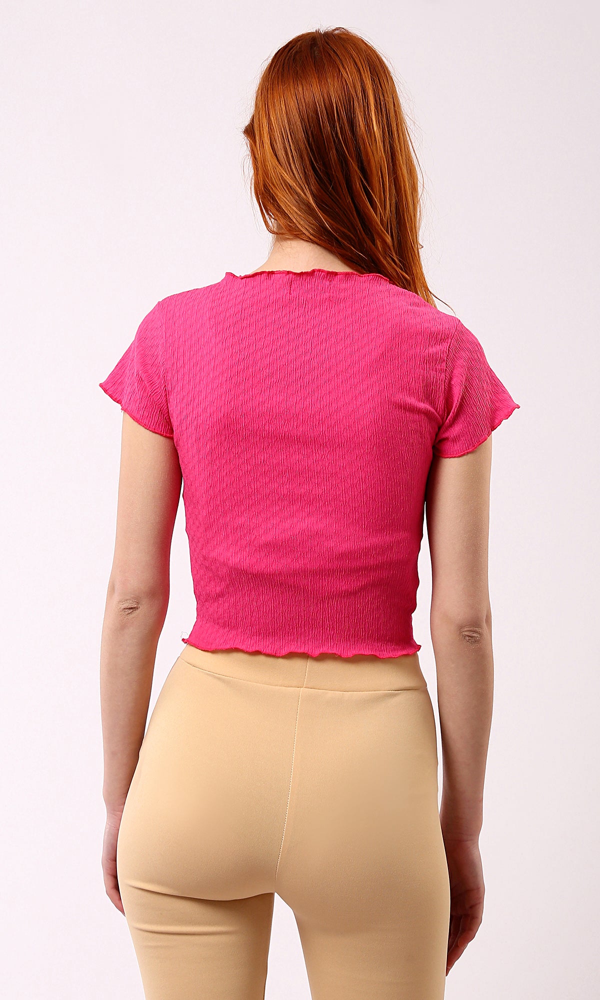 O188384 Fuchsia Cropped Top with Textured Short Sleeves