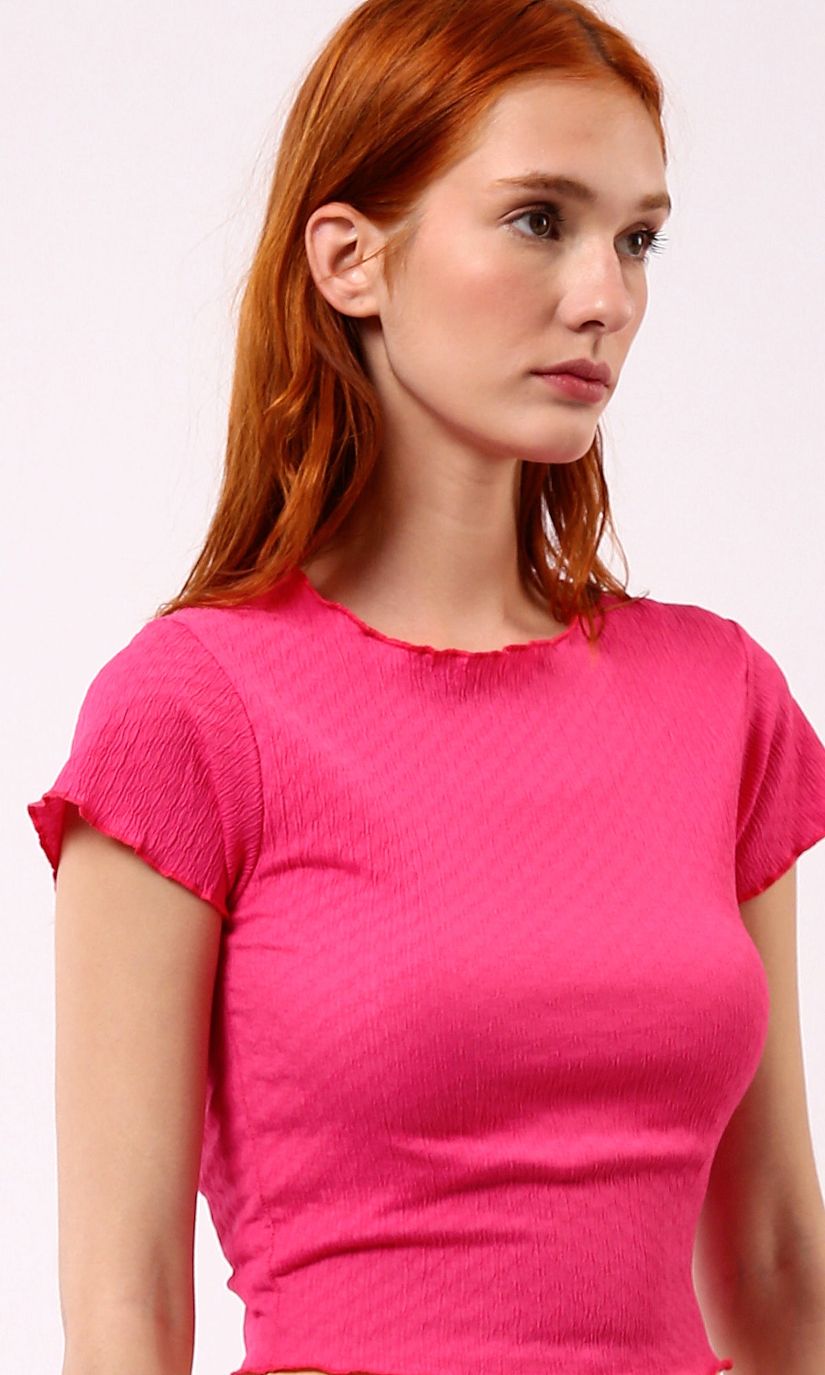 O188384 Fuchsia Cropped Top with Textured Short Sleeves