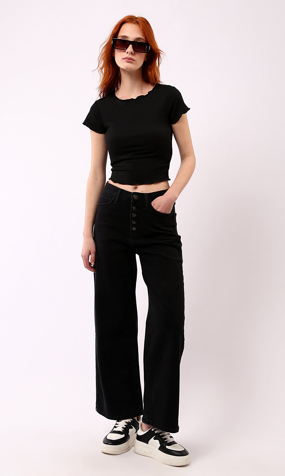 O188386 Black Textured Slip On Regular Fit Top