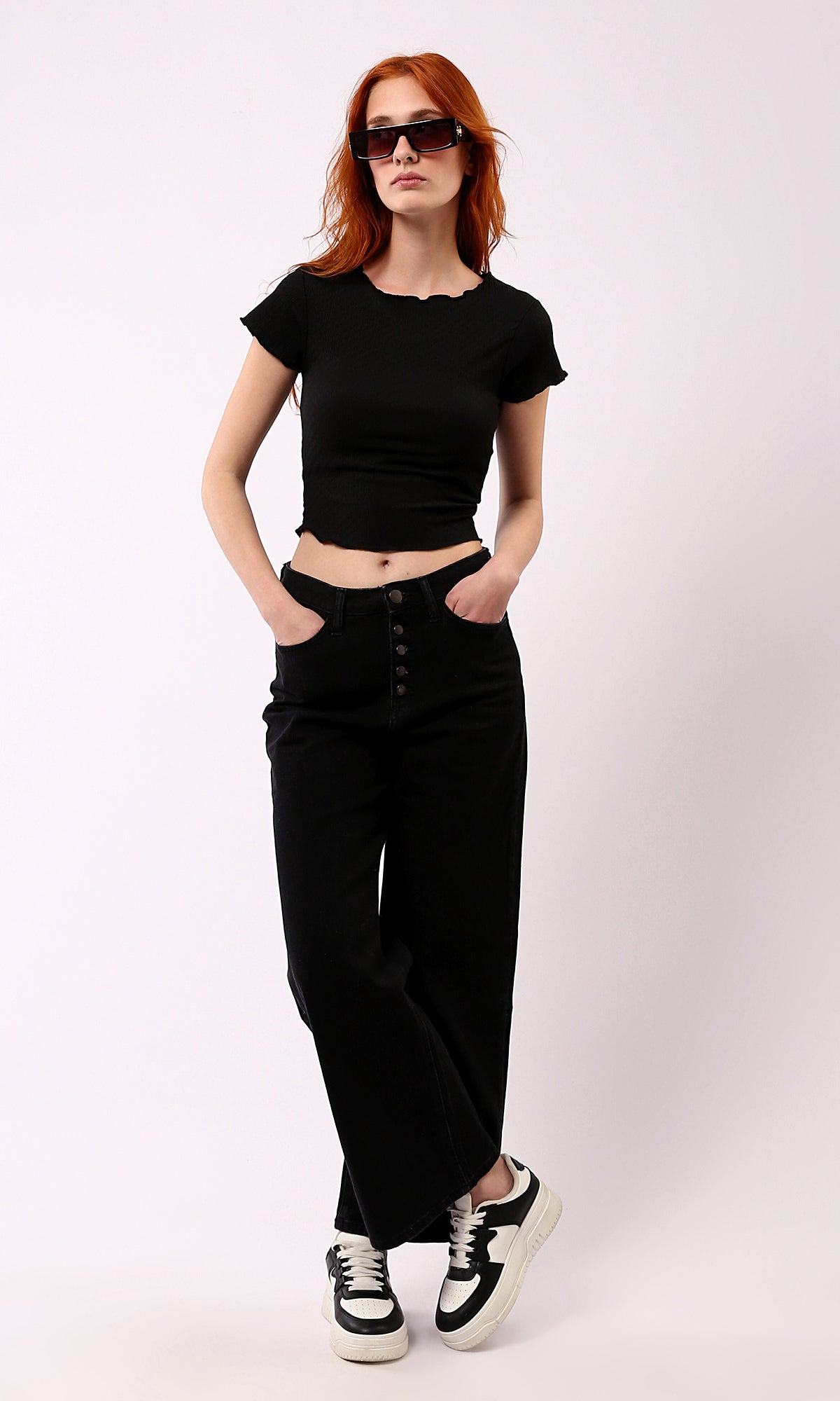 O188386 Black Textured Slip On Regular Fit Top