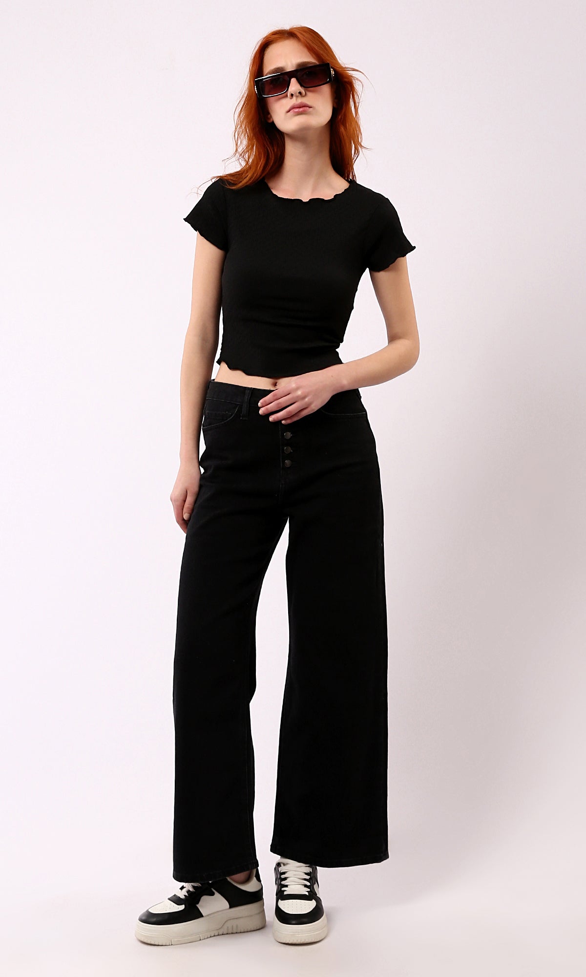 O188386 Black Textured Slip On Regular Fit Top