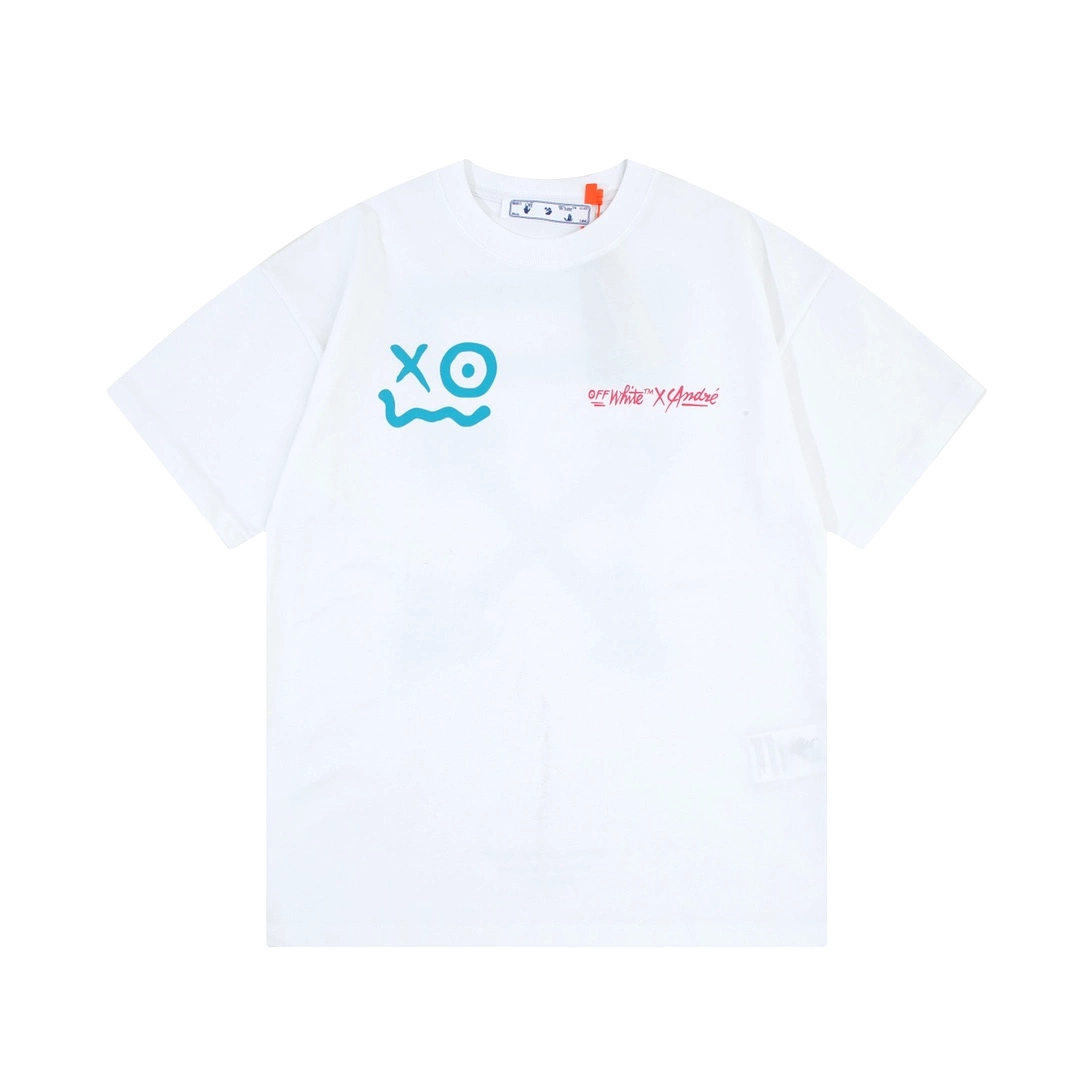 OFF-WHITE blue smiley face graffiti hand-painted logo t-shirt, short-sleeved, white, 12.12