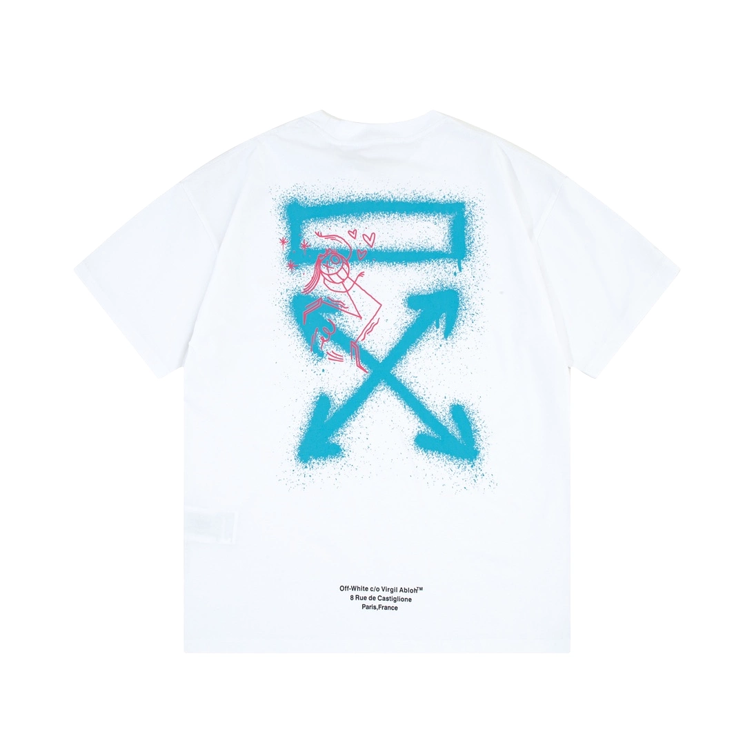 OFF-WHITE blue smiley face graffiti hand-painted logo t-shirt, short-sleeved, white, 12.12