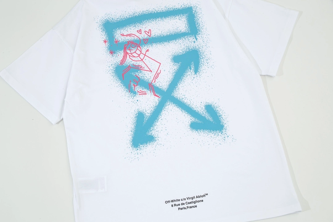 OFF-WHITE blue smiley face graffiti hand-painted logo t-shirt, short-sleeved, white, 12.12