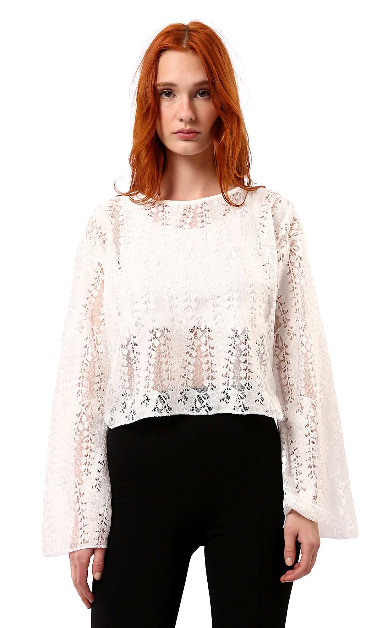 Off-White Perforated Blouse with Self Pattern and Slip On