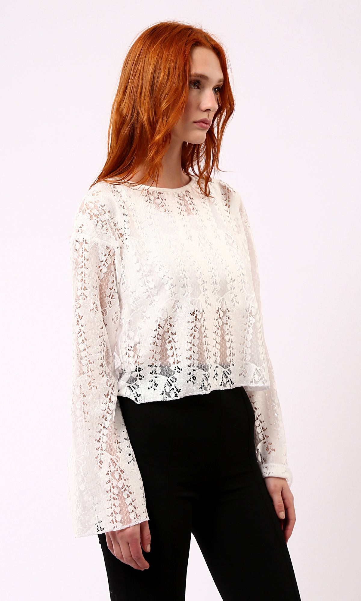 Off-White Perforated Blouse with Self Pattern and Slip On