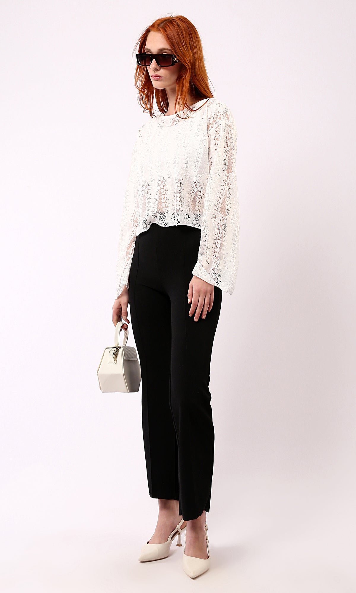 Off-White Perforated Blouse with Self Pattern and Slip On