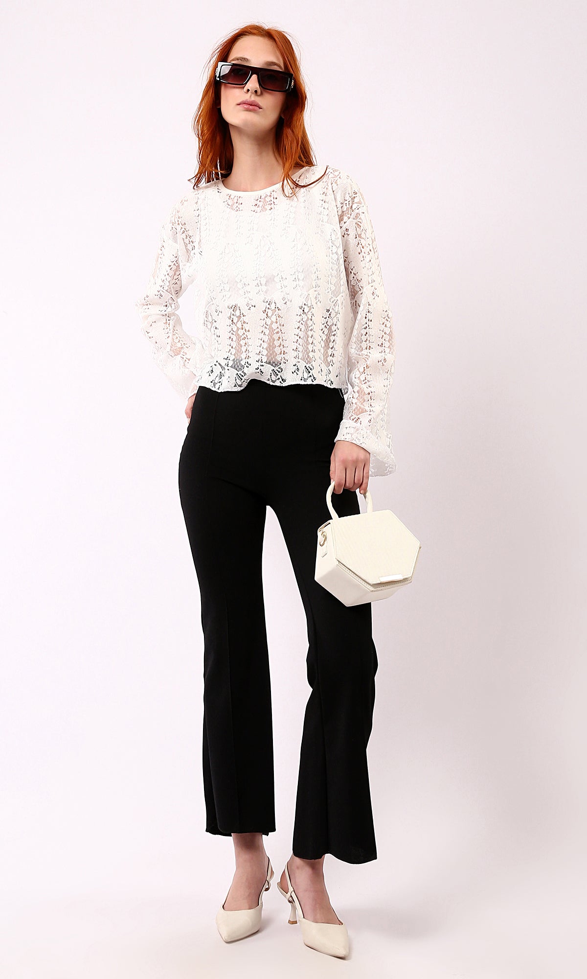 Off-White Perforated Blouse with Self Pattern and Slip On