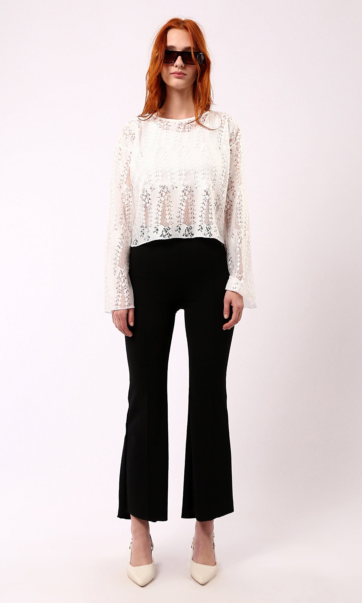 Off-White Perforated Blouse with Self Pattern and Slip On