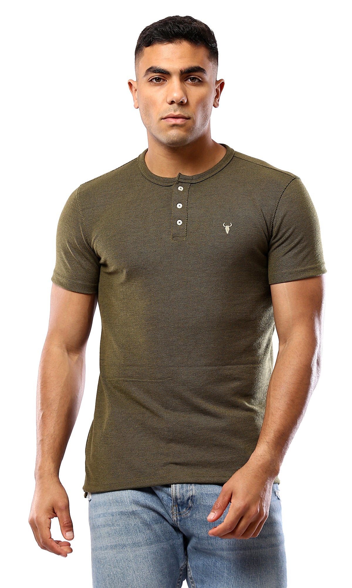 Olive Green Henley Shirt with Buttons - Round Neck - O181701