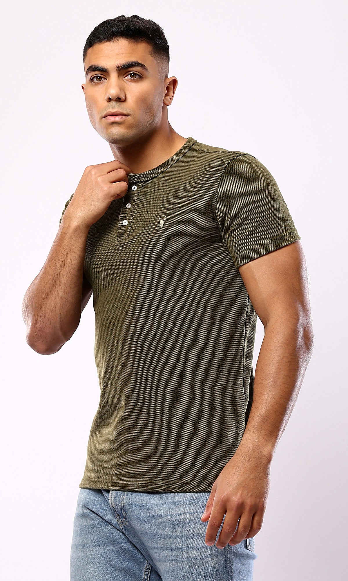 Olive Green Henley Shirt with Buttons - Round Neck - O181701