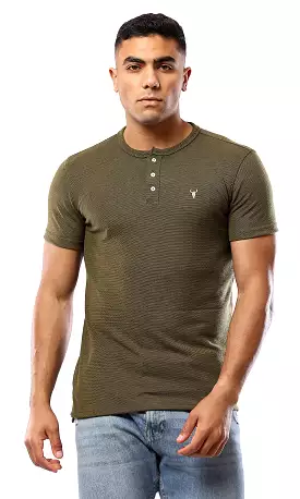 Olive Green Henley Shirt with Buttons - Round Neck - O181701