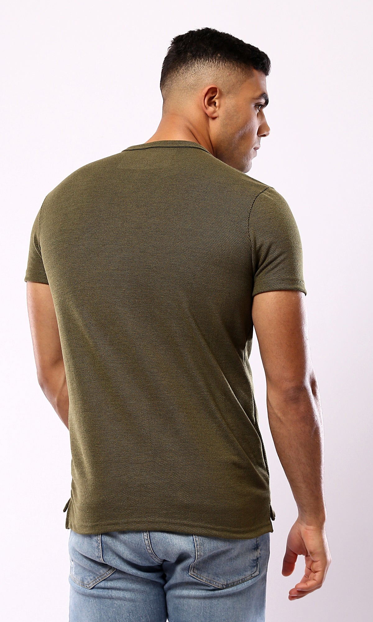 Olive Green Henley Shirt with Buttons - Round Neck - O181701