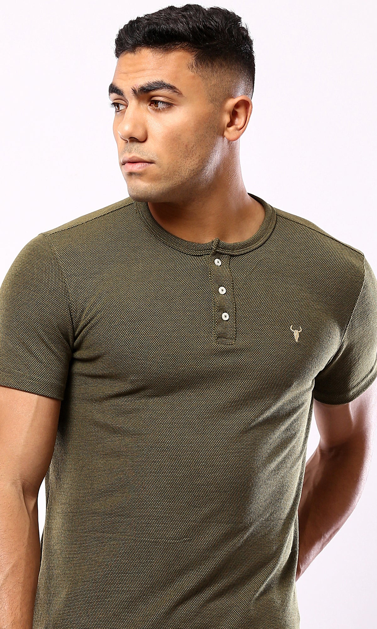 Olive Green Henley Shirt with Buttons - Round Neck - O181701