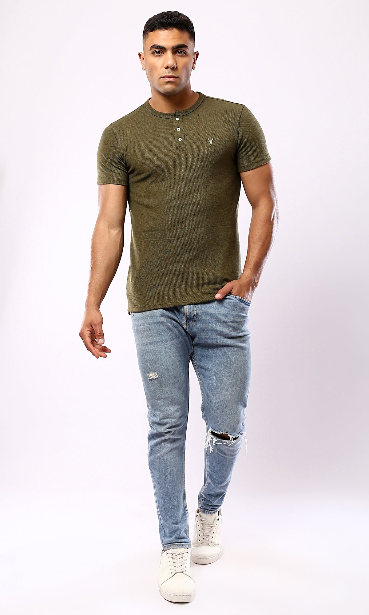 Olive Green Henley Shirt with Buttons - Round Neck - O181701