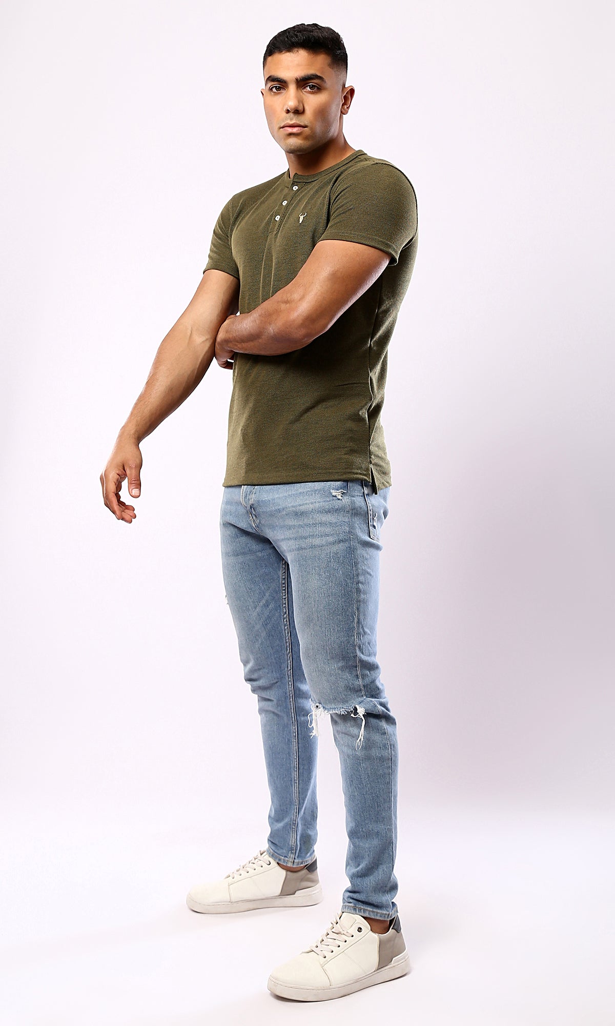 Olive Green Henley Shirt with Buttons - Round Neck - O181701