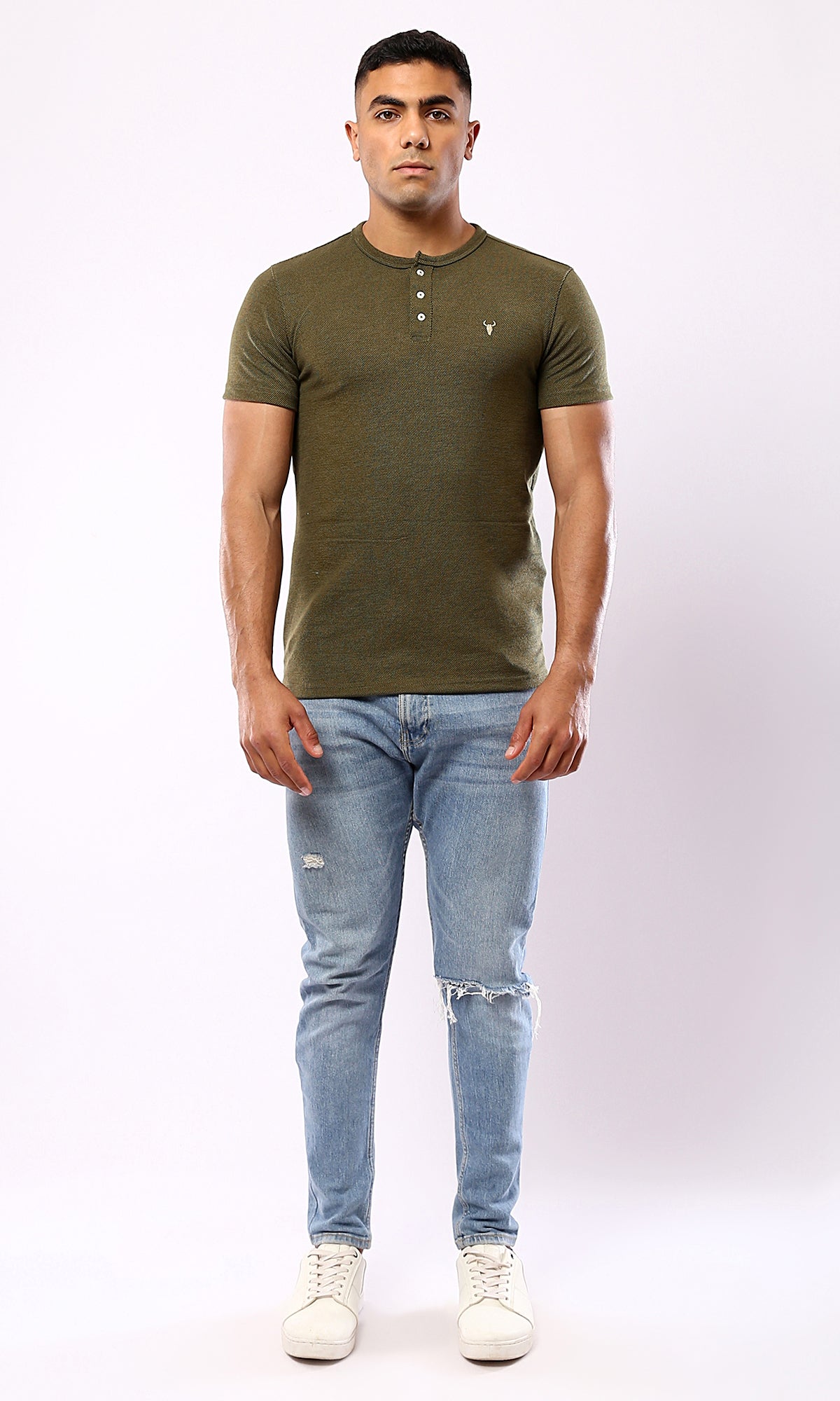 Olive Green Henley Shirt with Buttons - Round Neck - O181701