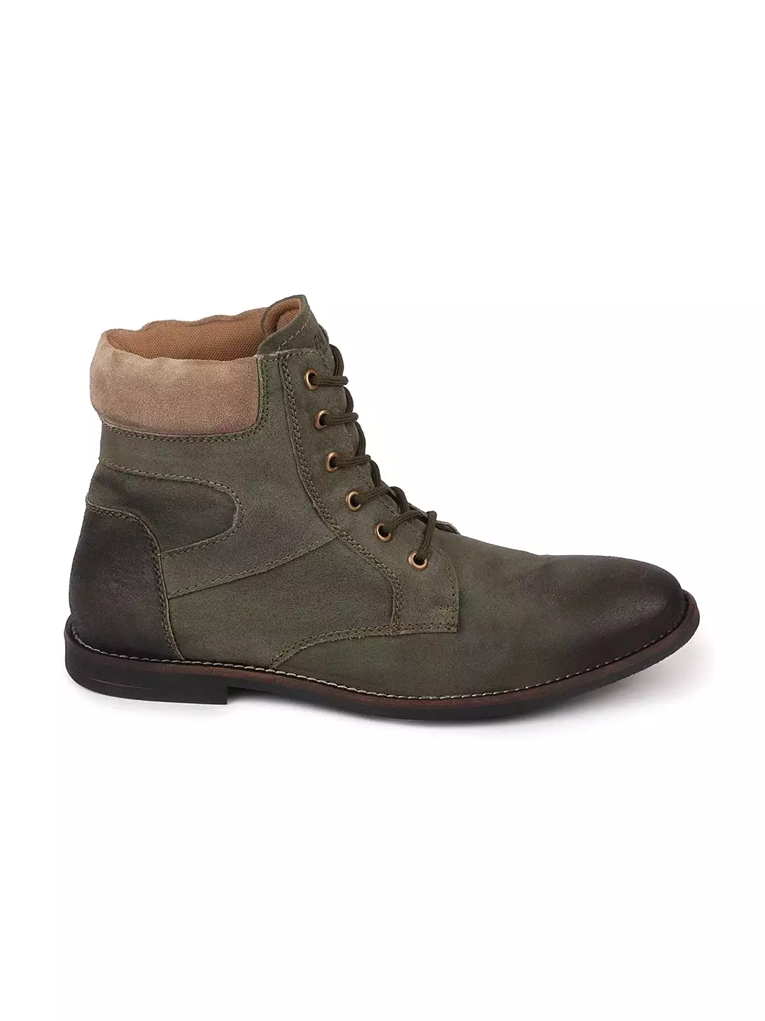 Olive leather boots for men with mid-top lace-up design.