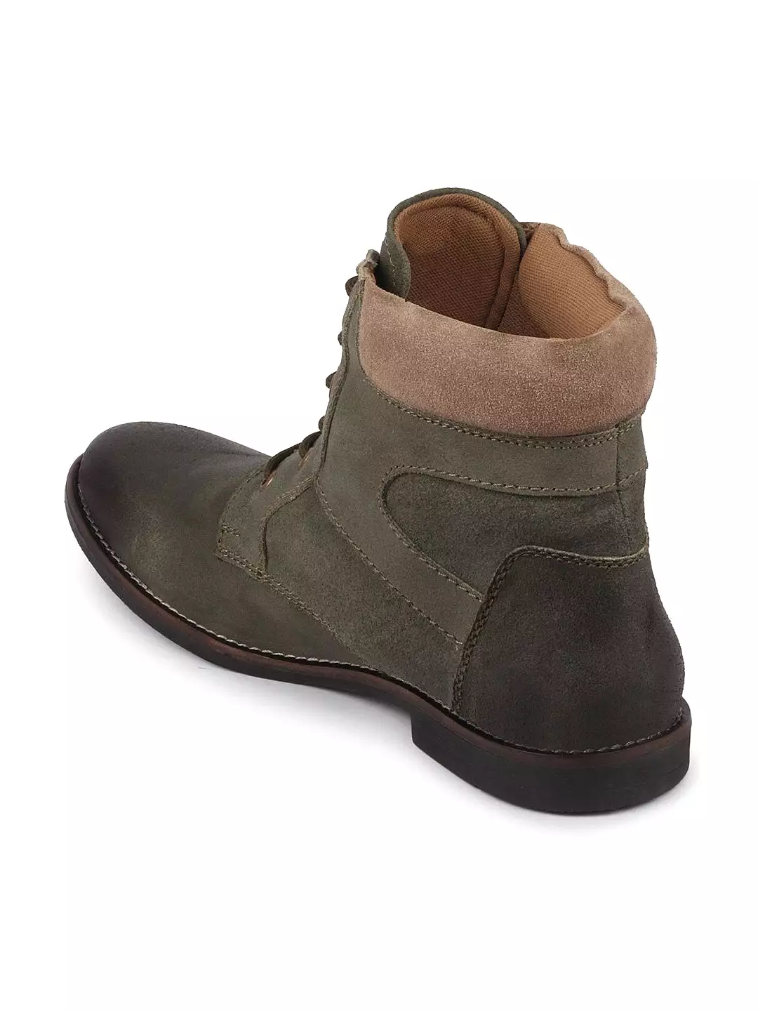 Olive leather boots for men with mid-top lace-up design.