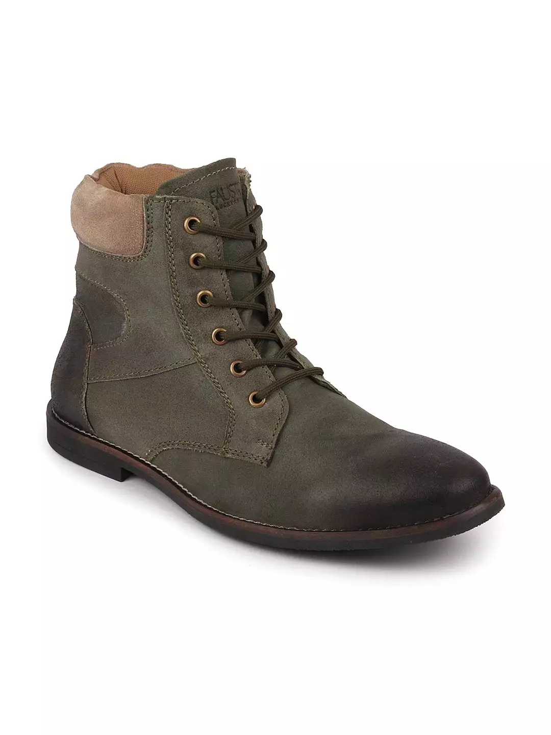 Olive leather boots for men with mid-top lace-up design.