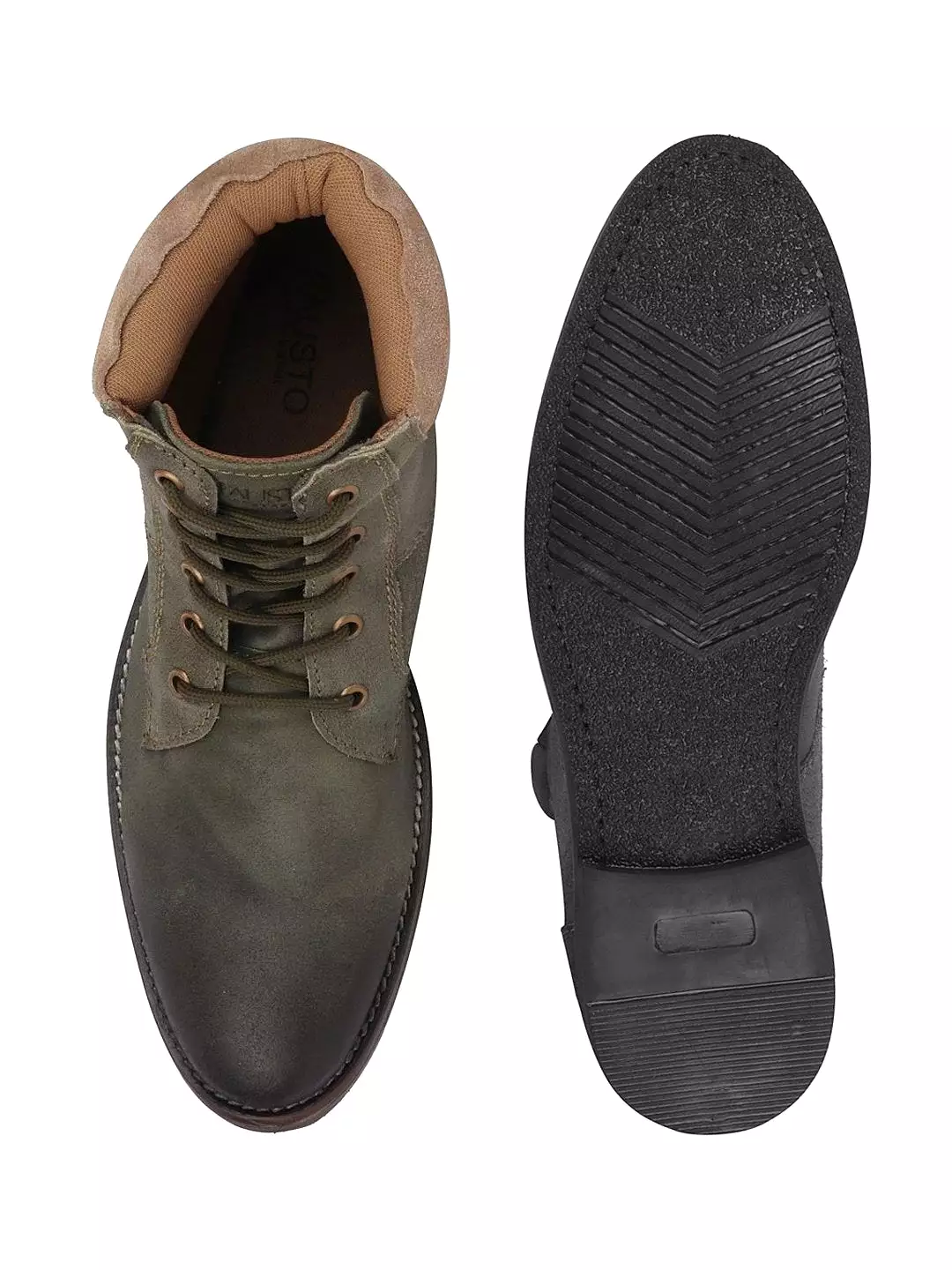 Olive leather boots for men with mid-top lace-up design.