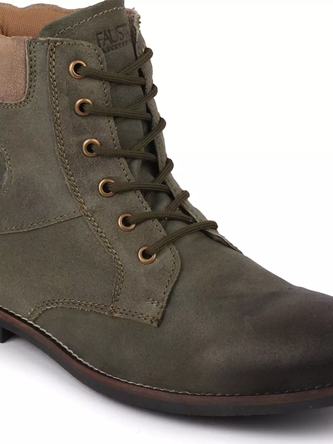 Olive leather boots for men with mid-top lace-up design.