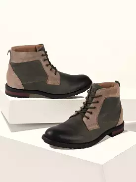 Olive Leather Boots, High Ankle, Lace Up, Men