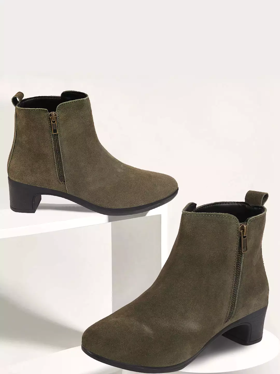 Olive Suede Leather Winter Chelsea Boots for Women with Mid Top, Flared Heel, and Zipper Closure.