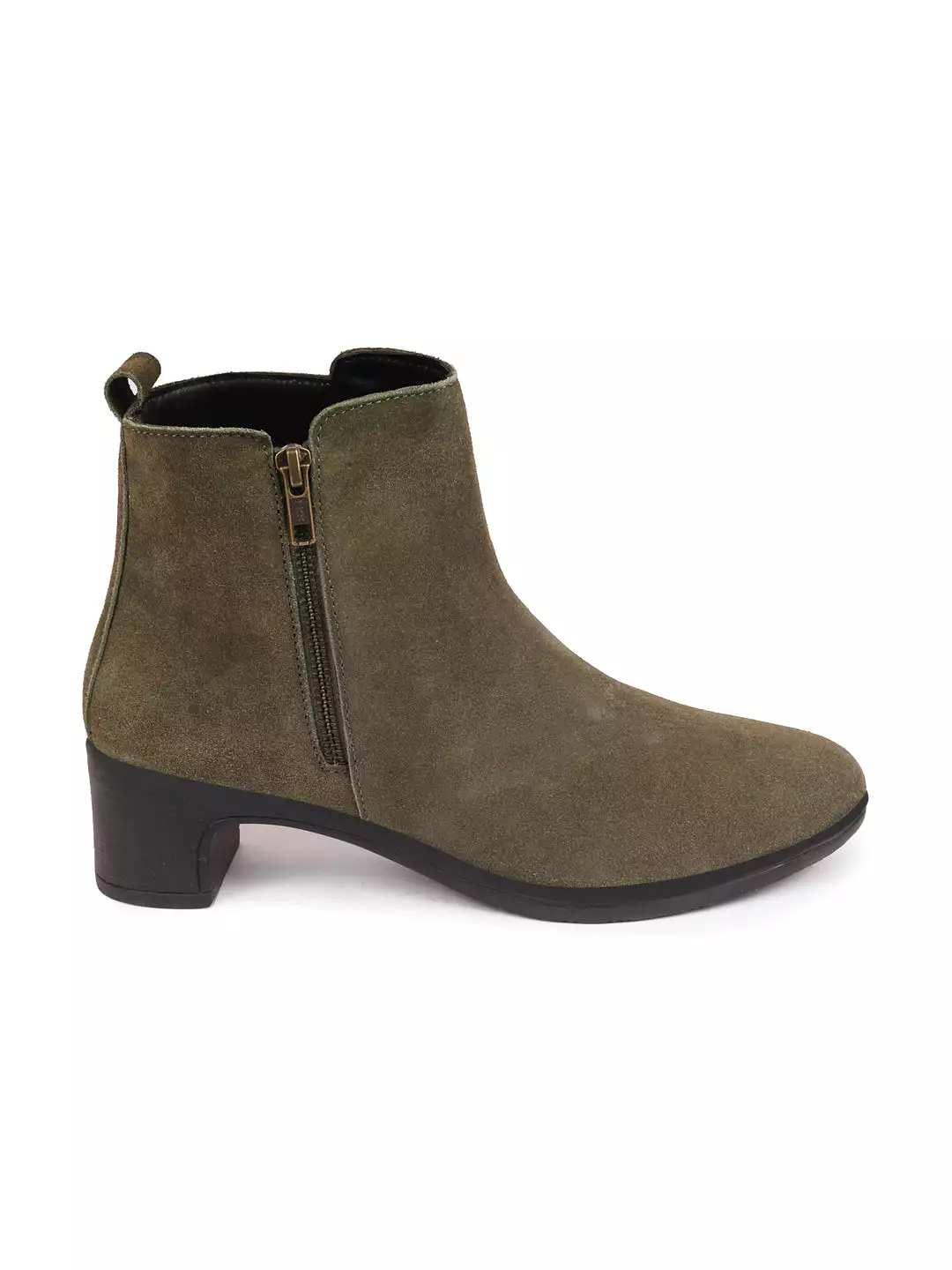 Olive Suede Leather Winter Chelsea Boots for Women with Mid Top, Flared Heel, and Zipper Closure.